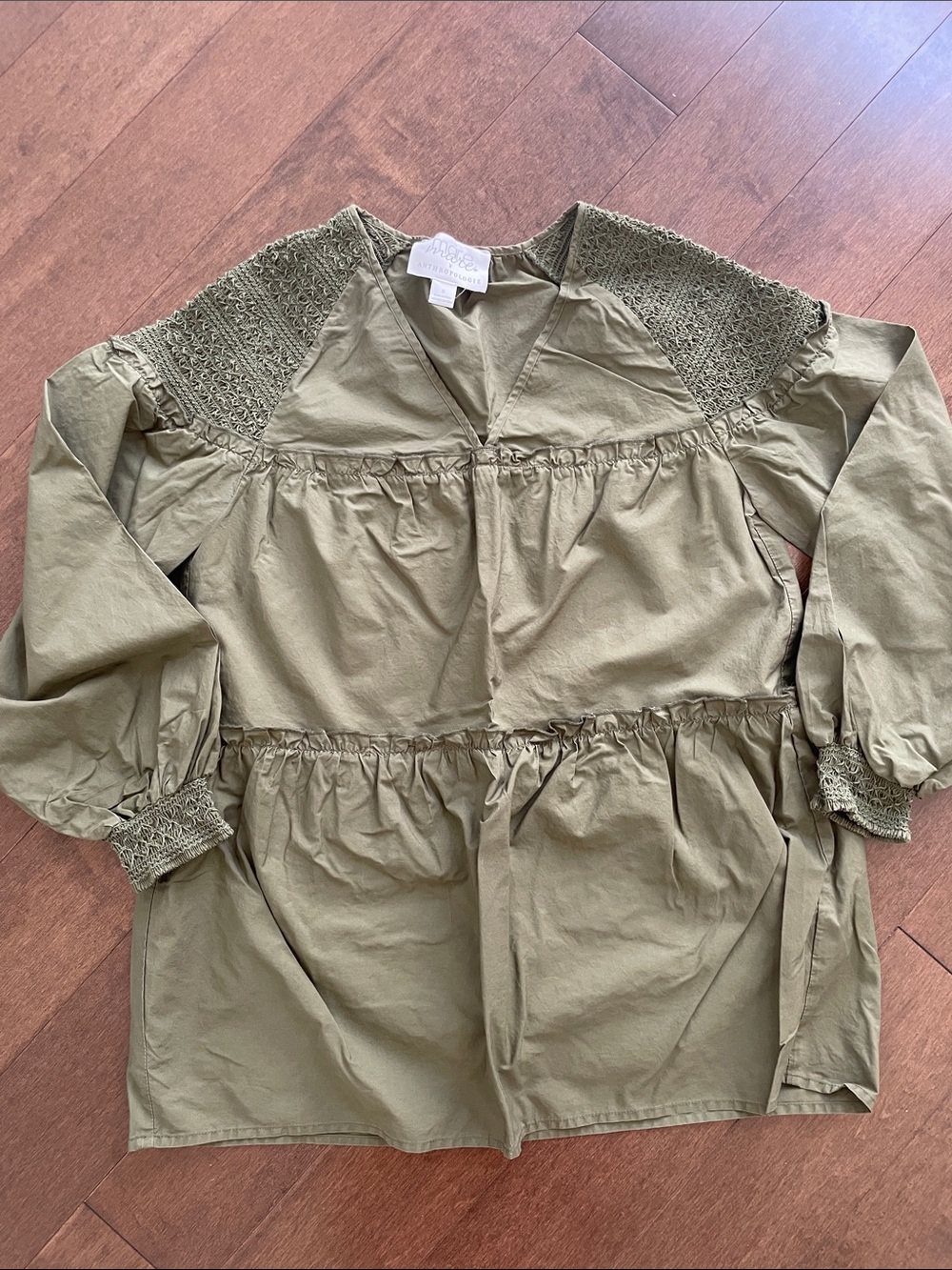 Anthropologie-  Olive Green Smocked Yoke Peasant Blouse